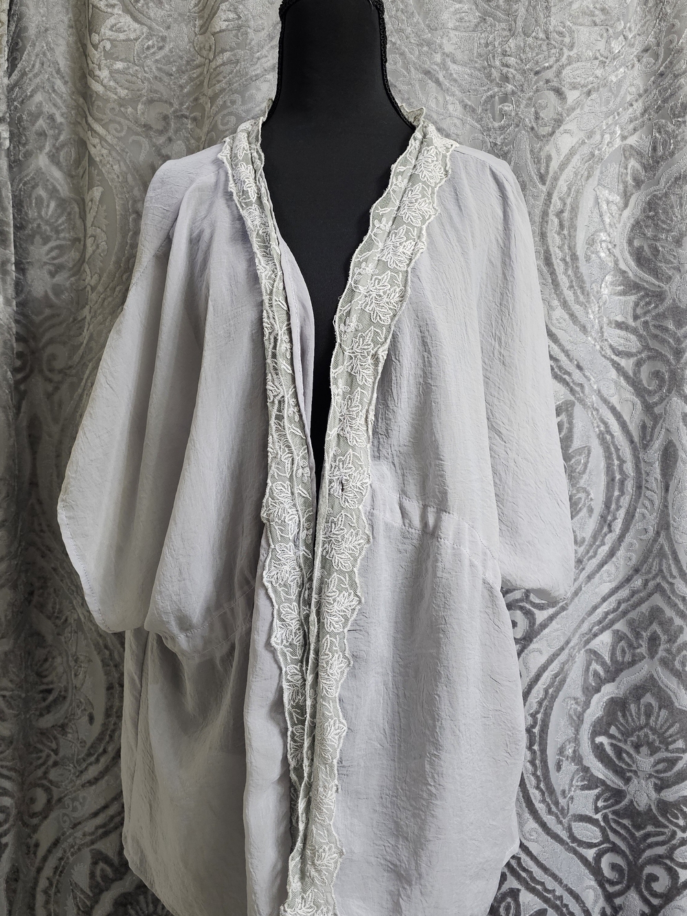 4 x $15 Ya Los Angeles Light Gray Open-Front Swim Coverup with Cream Lace Trim